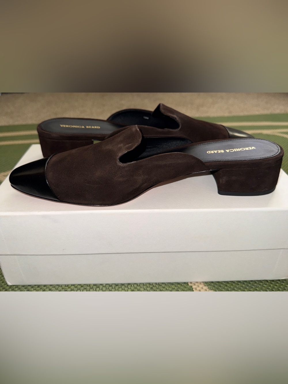 Veronica Beard Brown Suede Slip-On Mules with Black Leather Toe